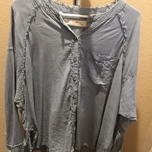 Free People Distressed denim button blouse